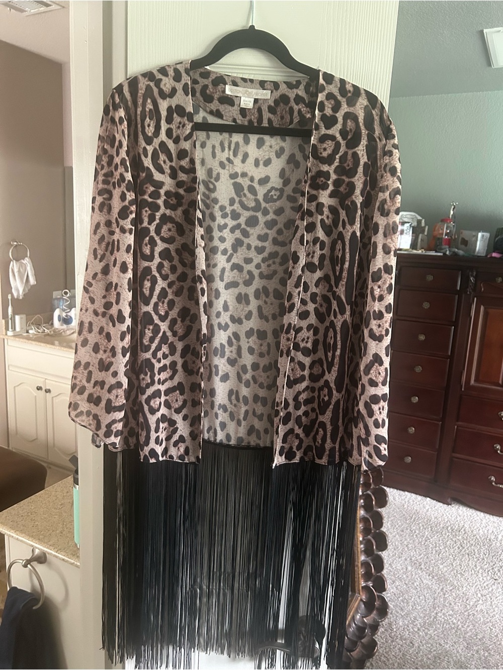 Boston Proper Leopard Print Fringe Open Tunic/Shrug - Brown and Black